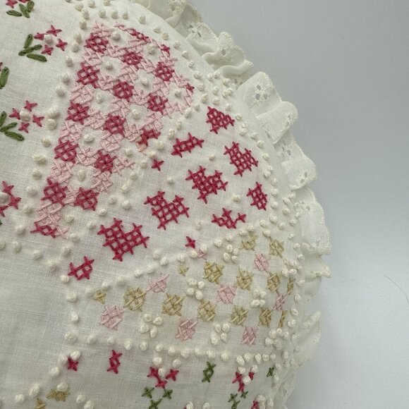 Vintage Needlepoint Throw Pillow Round Floral Beaded Cross Stich Eyelet Grandma - Picture 3 of 7